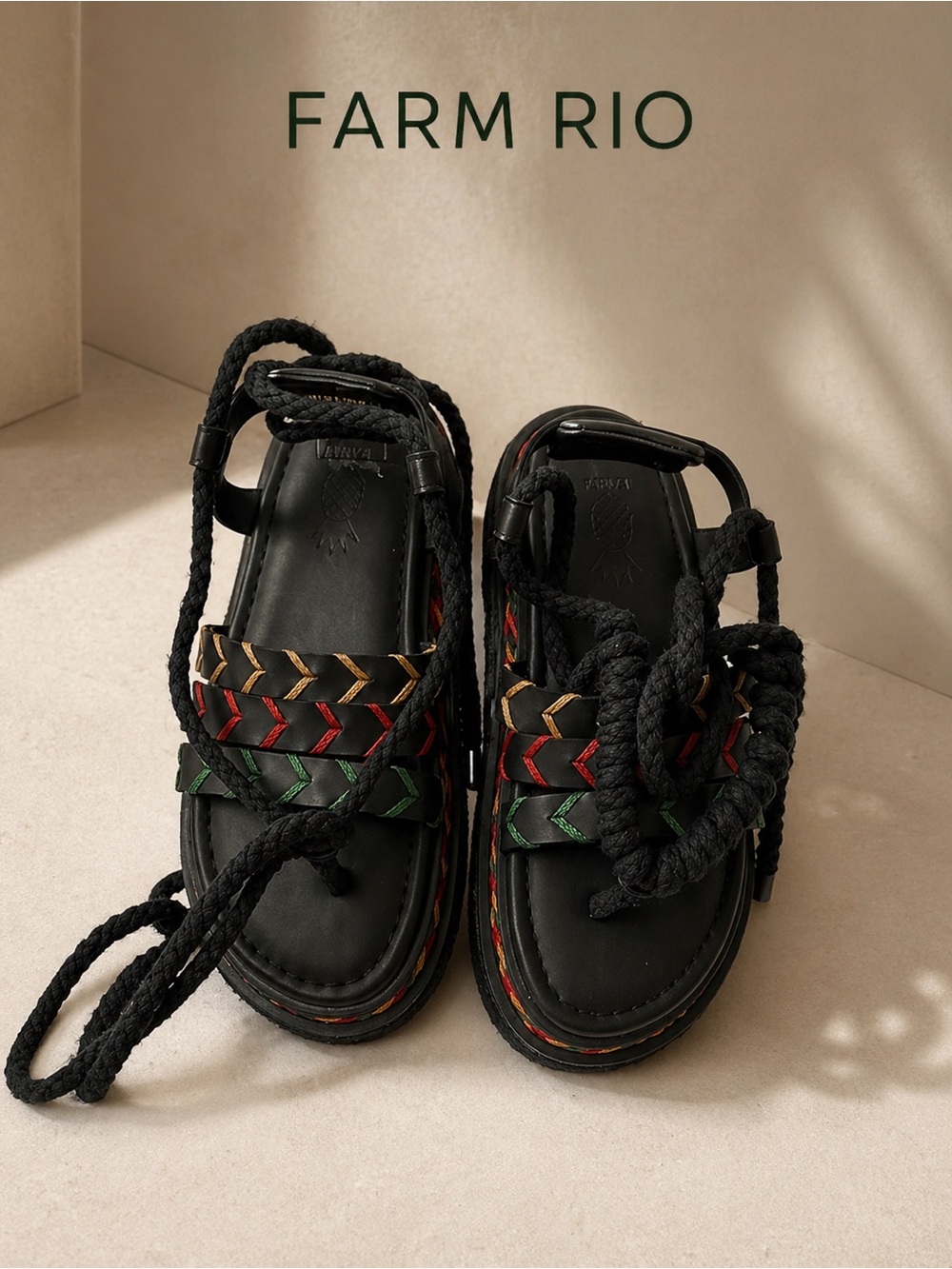 FARM Rio Womens Black Rope Tie Flatform Sandal Black Size 8